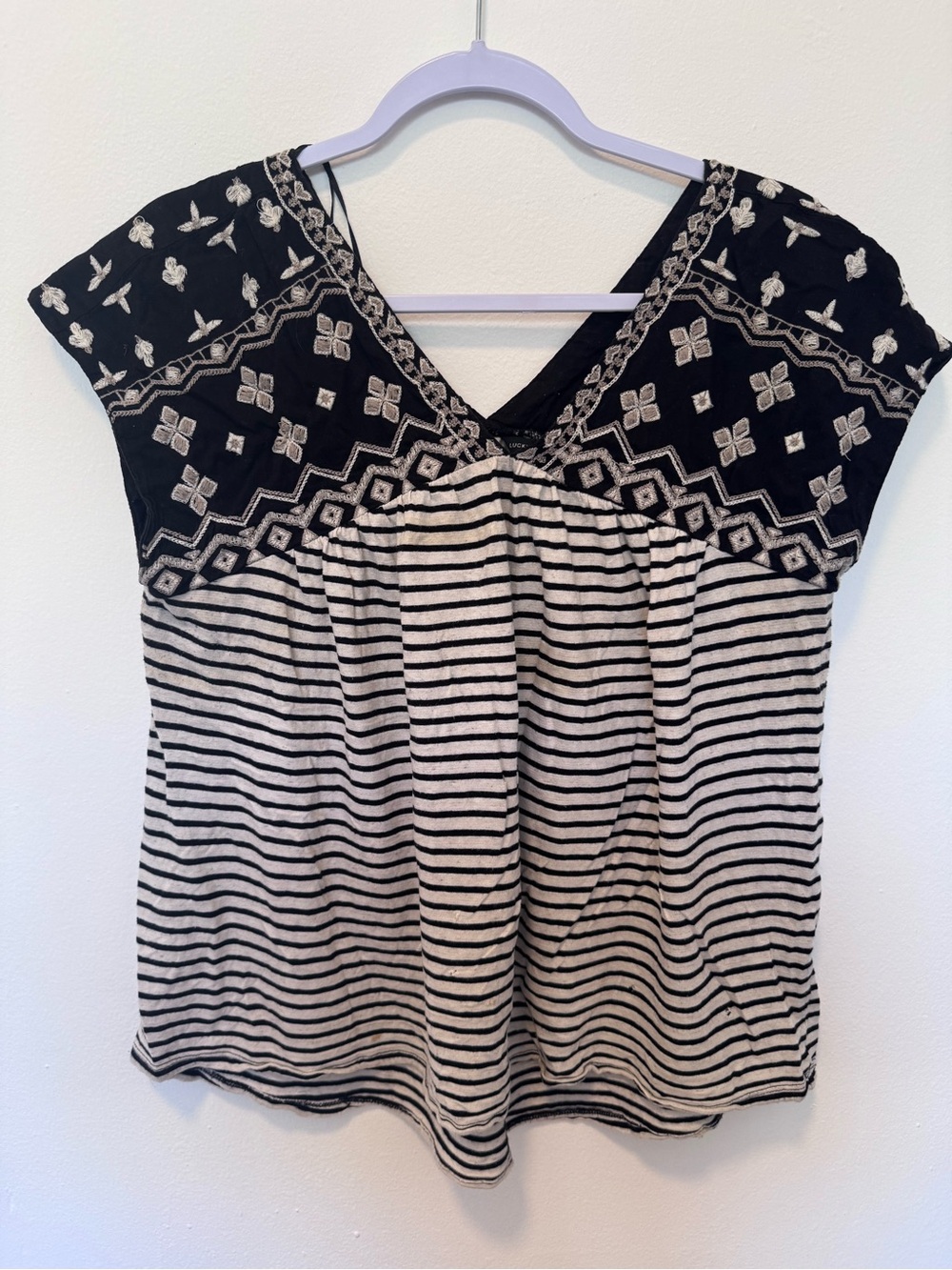 Boho Embroidered V-Neck Striped Women’s Top - Black & Cream